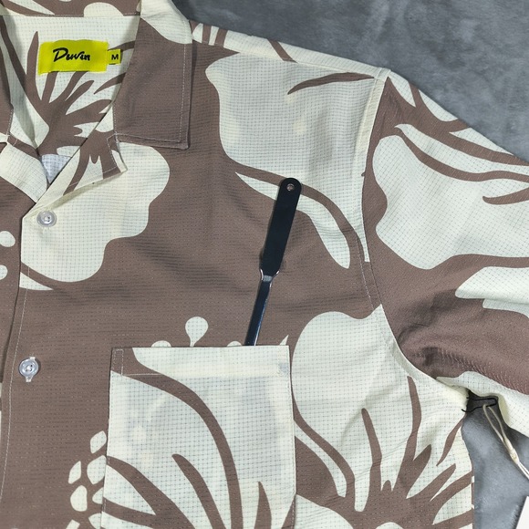 Duvin Hawaiian Shirt Mens Medium Brown Hibiscus Leisure Stretch Button Up New - Picture 5 of 10